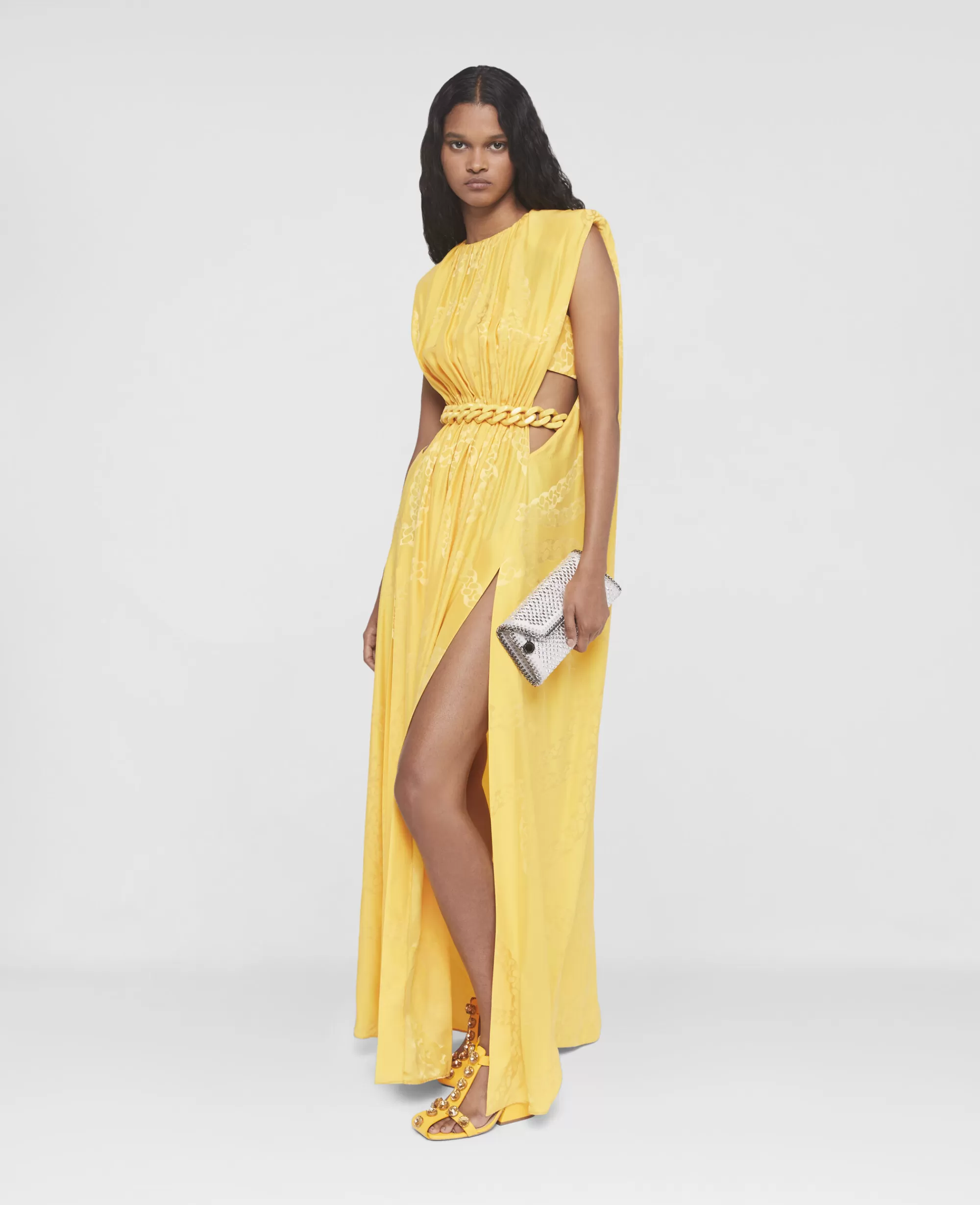 Donna Stella McCartney Abiti>Abito Maxi In Satin Doppio Con Catena Falabella Plissettato Sul Davanti