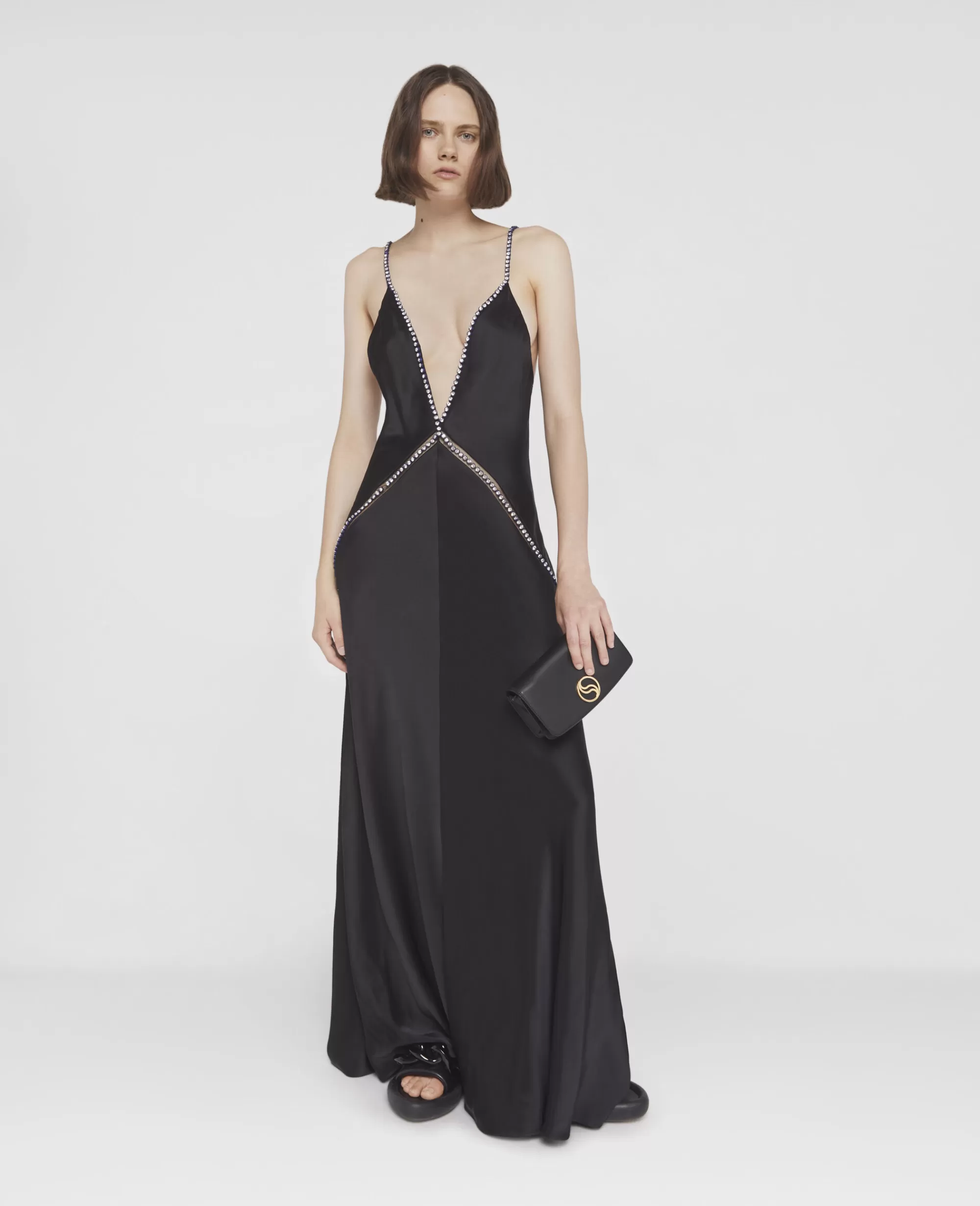 Donna Stella McCartney Abiti>Abito Maxi Svasato In Satin Doppio Con Decori Cristalli