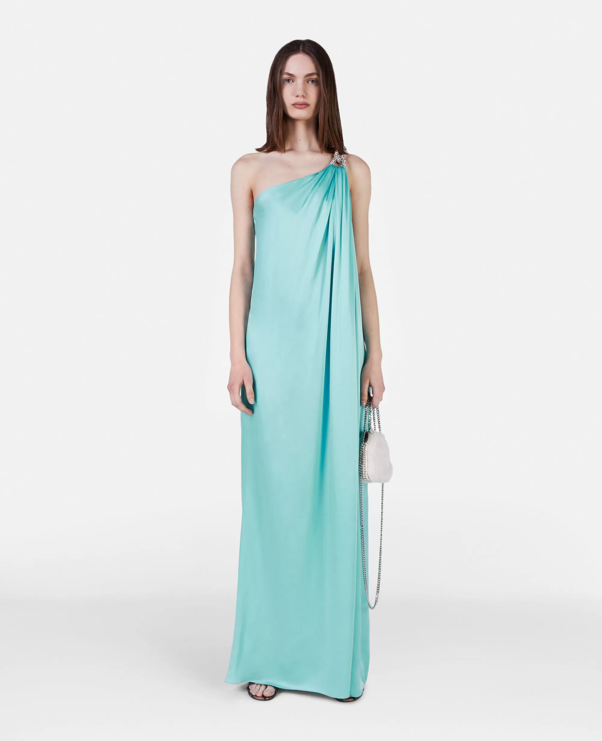 Donna Stella McCartney Abiti>Abito Monospalla In Satin Doppio Con Catena Di Cristalli Falabella