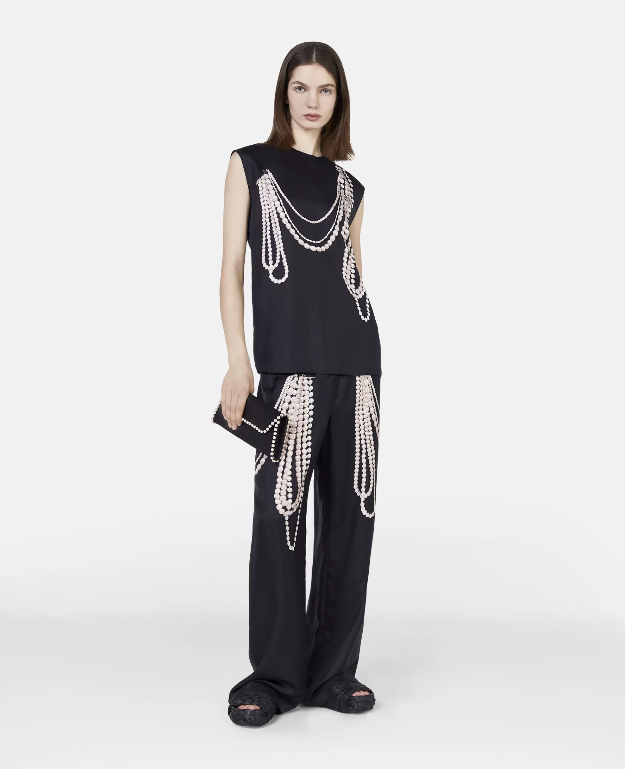 Donna Stella McCartney Pantaloni E Shorts>Pantaloni A Gamba Larga In Seta Con Stampa Trompe Loeil Perla