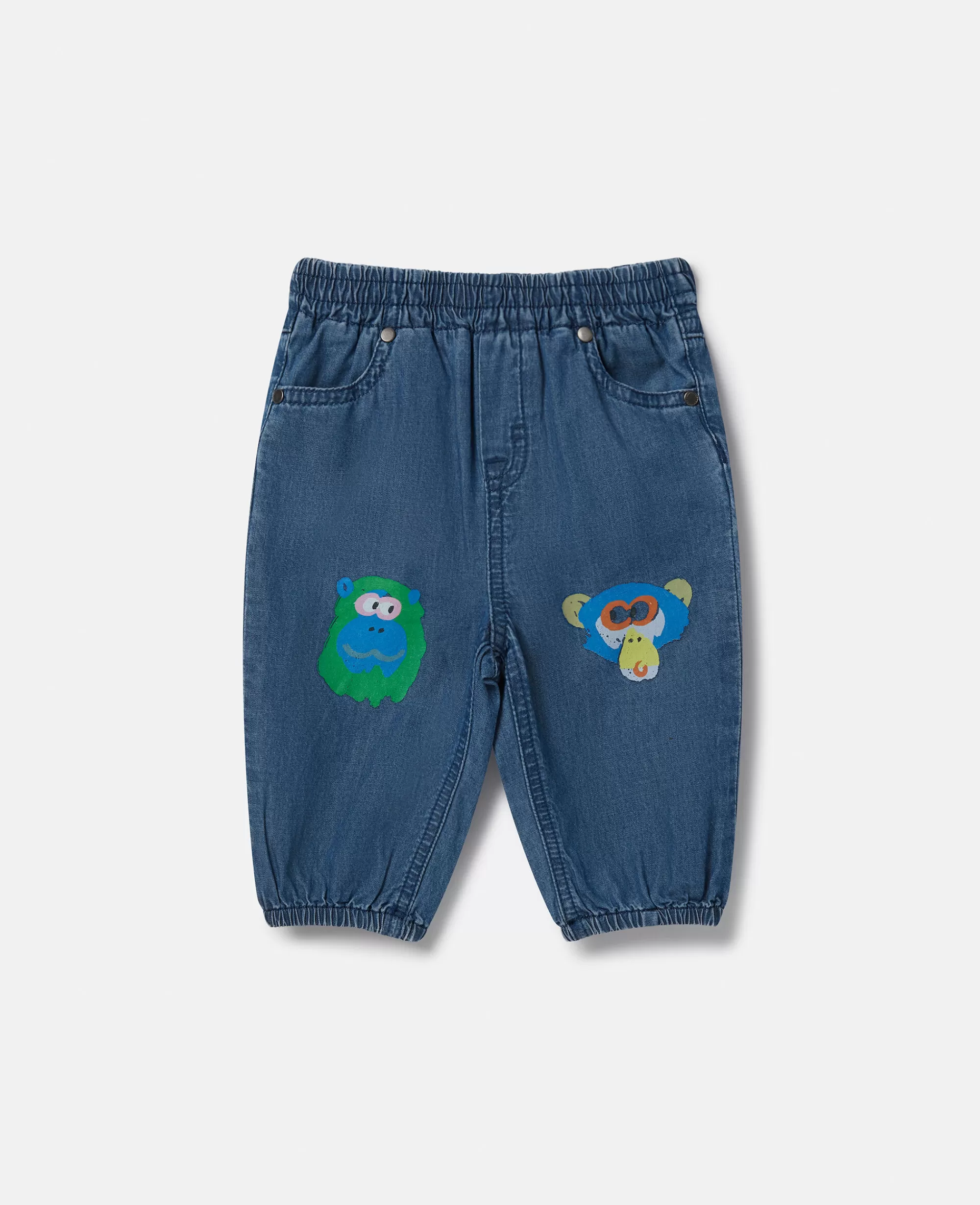 Bambini Stella McCartney Pantaloni E Shorts>Pantaloni In Chambray Con Applicazione Scimmia Al Ginocchio