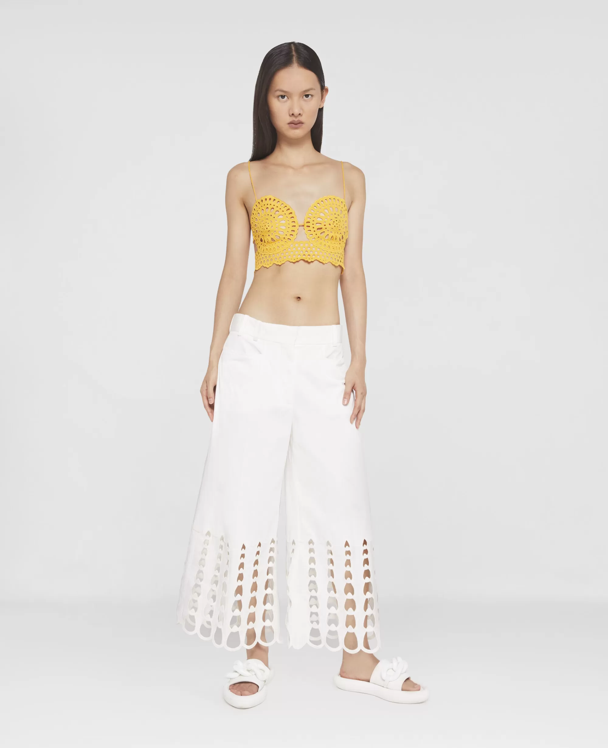 Donna Stella McCartney Pantaloni E Shorts>Pantaloni In Cotone Lucido Con Ricamo All'Uncinetto